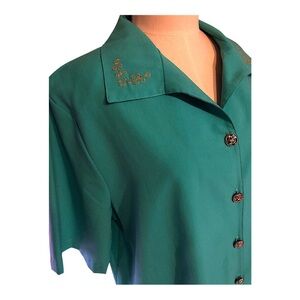 1980s Park Place Teal Button-Up Shirt with Embroidered Collar Large